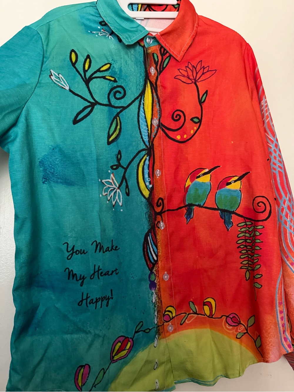 Colorful Wearable Art Bird & Floral Button Front Blouse Size L Boho Art Shirt - Picture 3 of 6